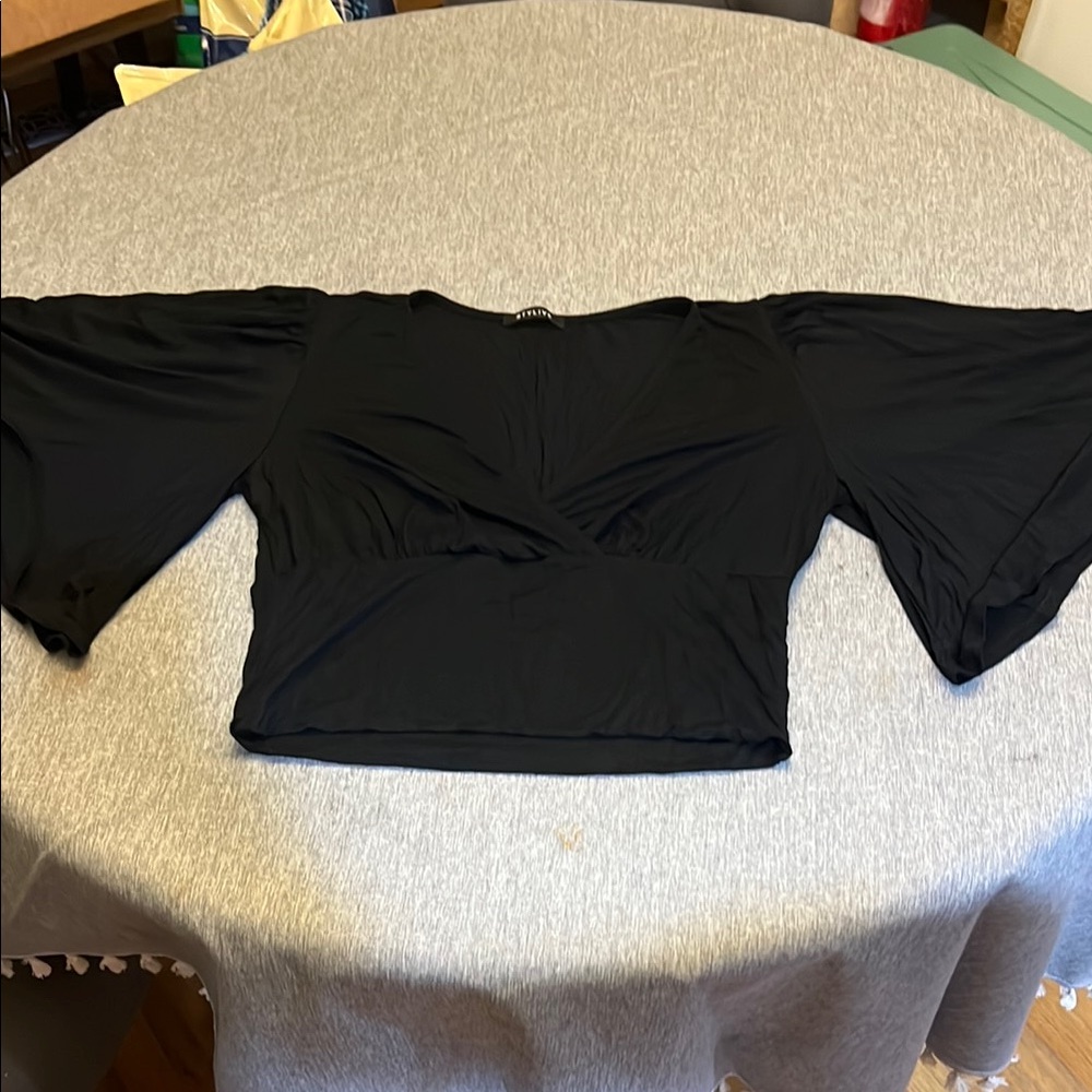 Black Ruched Crop Blouse with 3/4 Sleeves